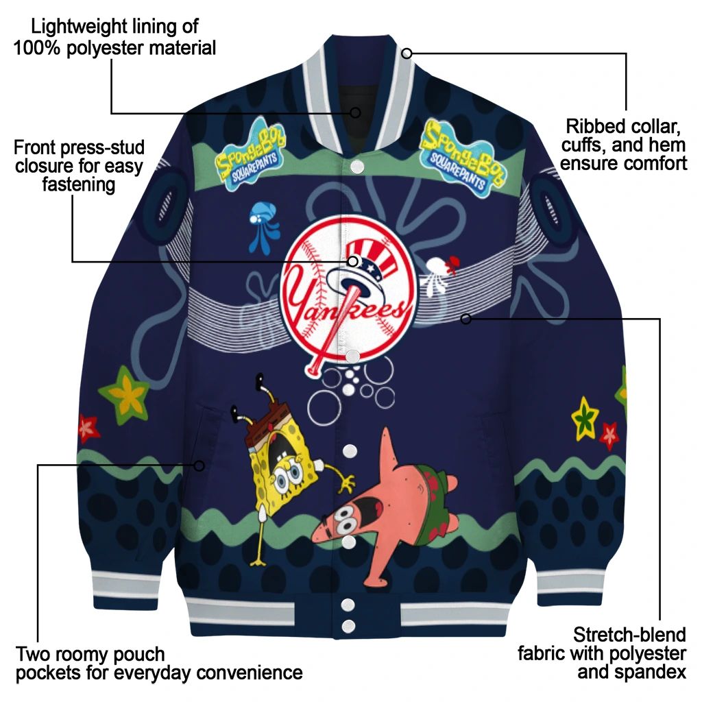 custom new york yankees spongebob playtime navy blue varsity jacket new arrival custom new york yankees spongebob playtime navy blue varsity jacket new arrival