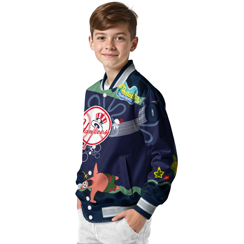 custom new york yankees spongebob playtime navy blue varsity jacket trendy custom new york yankees spongebob playtime navy blue varsity jacket trendy