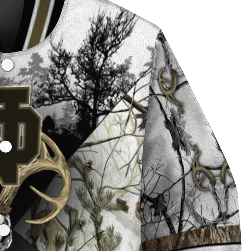 custom notre dame fighting irish deer skull camouflage white varsity jacket premium grade custom notre dame fighting irish deer skull camouflage white varsity jacket premium grade