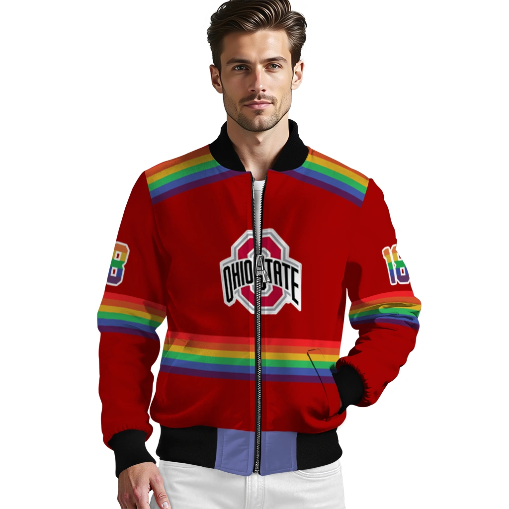 custom ohio state buckeyes rainbow jersey number scarlet bomber jacket high quality custom ohio state buckeyes rainbow jersey number scarlet bomber jacket high quality