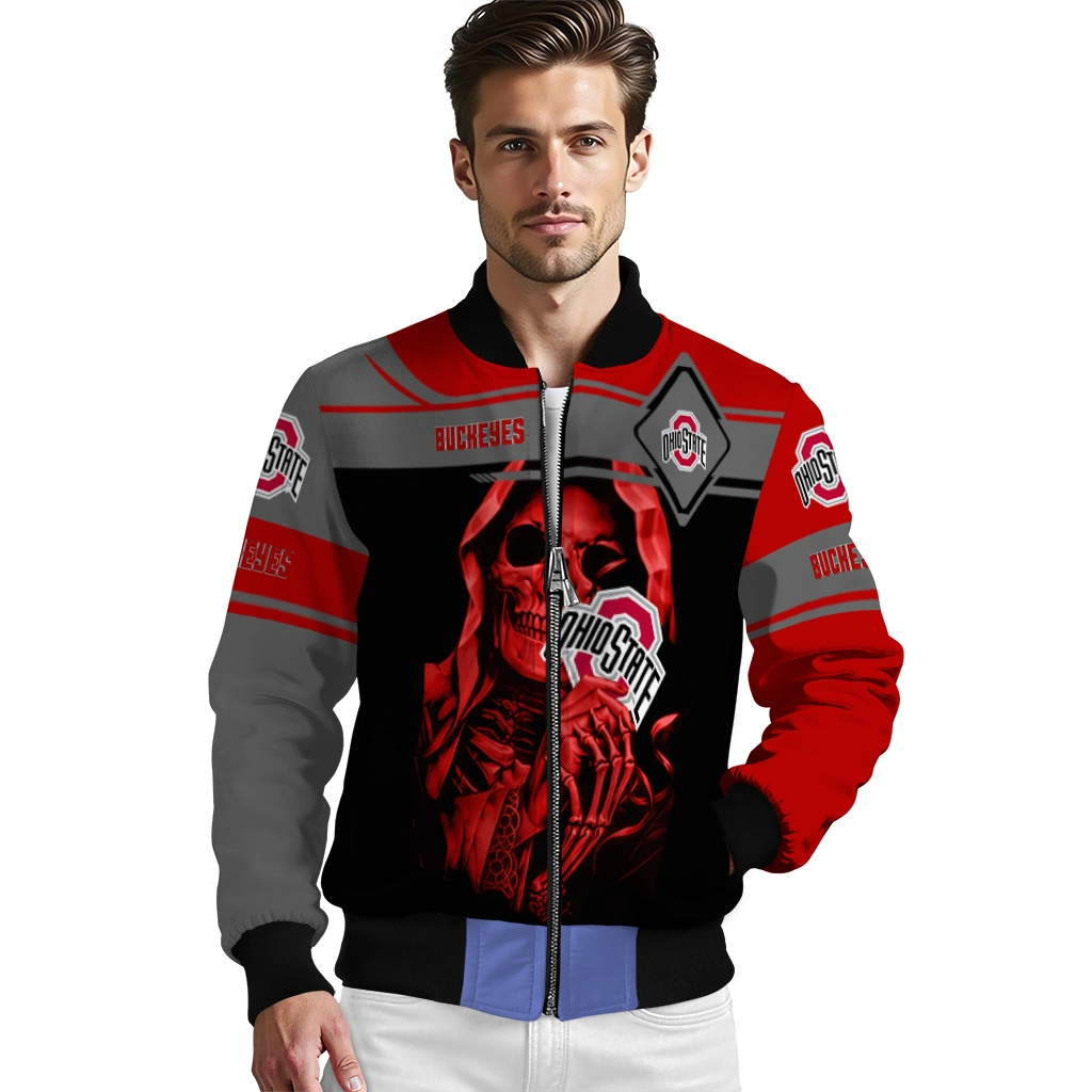 custom ohio state buckeyes reaper hands scarlet black bomber jacket high quality custom ohio state buckeyes reaper hands scarlet black bomber jacket high quality