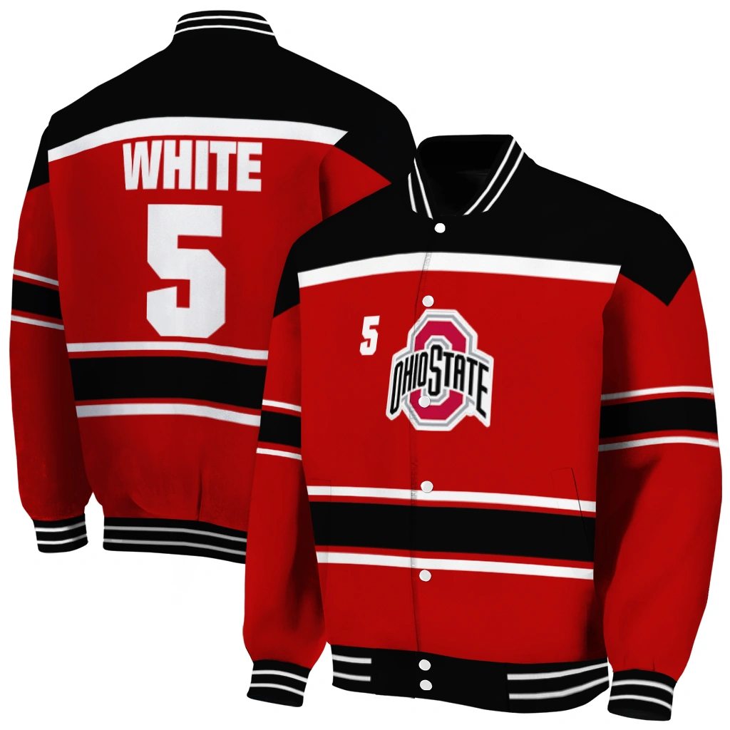 custom ohio state buckeyes stripe statement scarlet black varsity jacket fashion forward custom ohio state buckeyes stripe statement scarlet black varsity jacket fashion forward