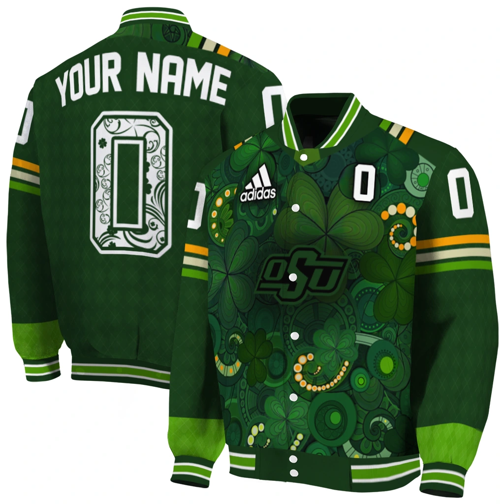 custom oklahoma state cowboys shamrock vortex green varsity jacket fashion forward custom oklahoma state cowboys shamrock vortex green varsity jacket fashion forward