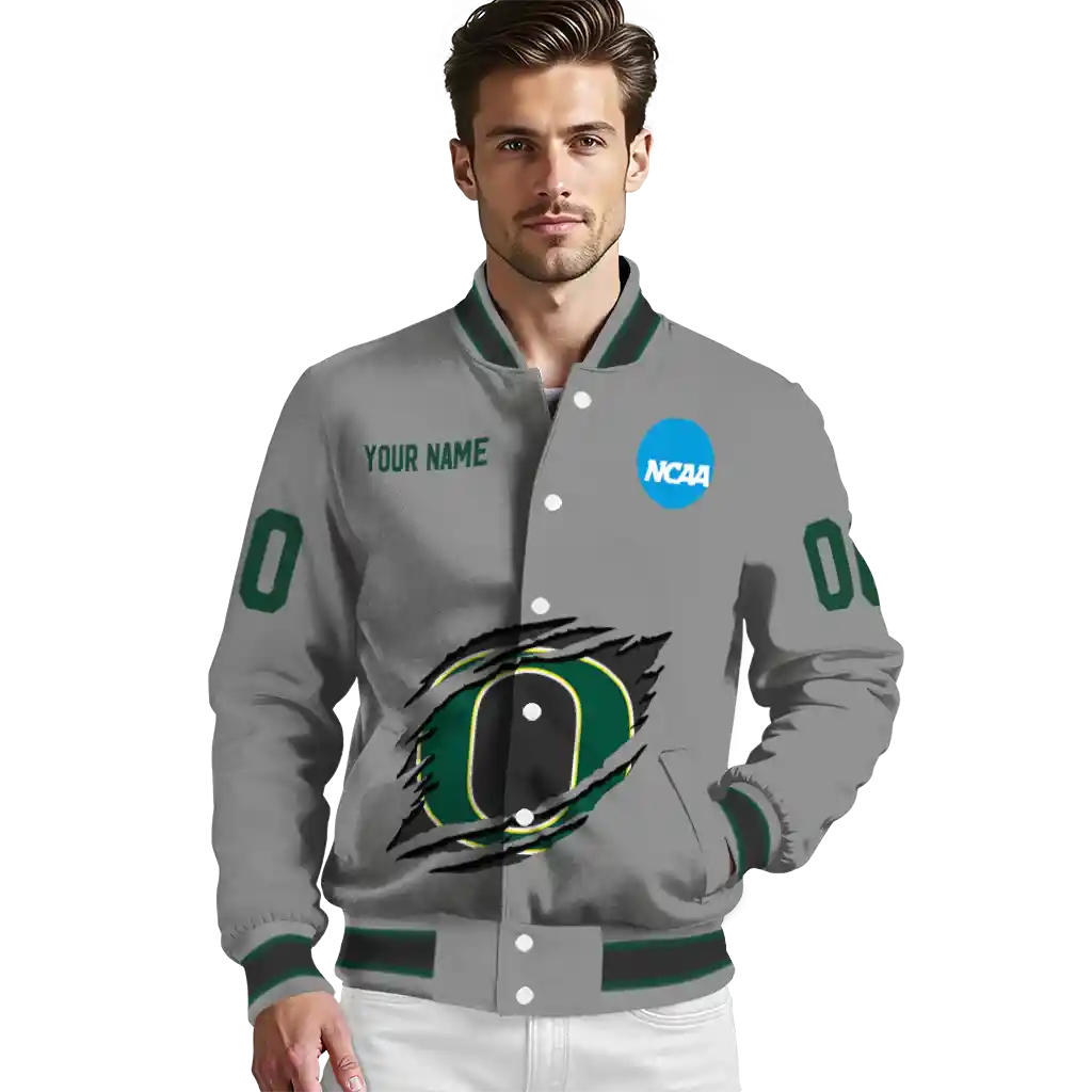 custom oregon ducks feral slash grey varsity jacket high quality custom oregon ducks feral slash grey varsity jacket high quality