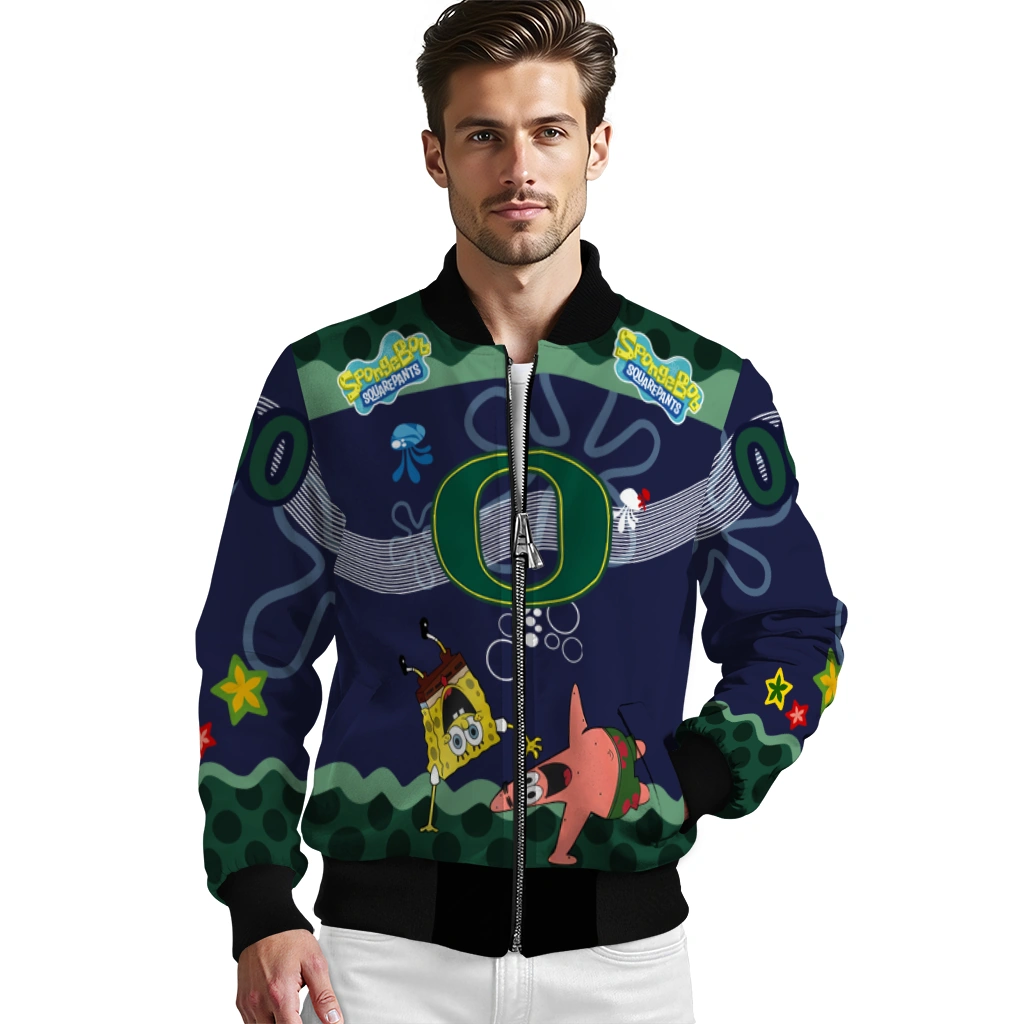 custom oregon ducks spongebob playtime green blue bomber jacket high quality custom oregon ducks spongebob playtime green blue bomber jacket high quality