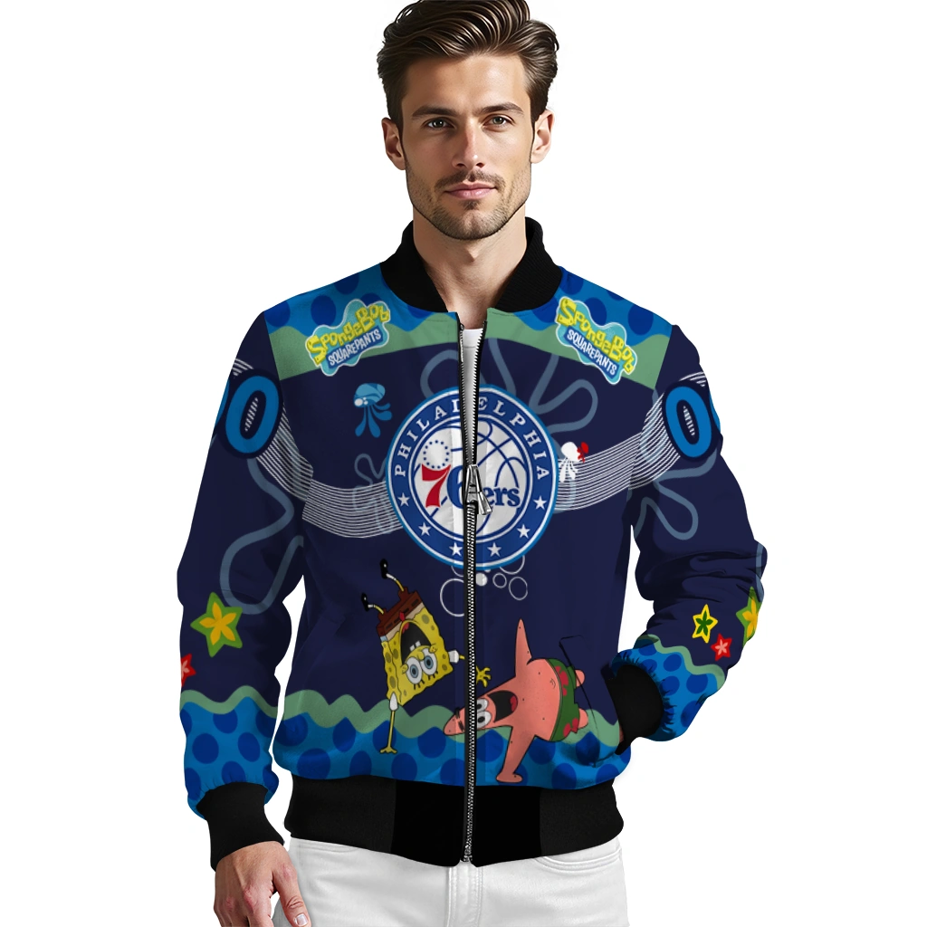 custom philadelphia 76ers spongebob playtime blue bomber jacket high quality custom philadelphia 76ers spongebob playtime blue bomber jacket high quality