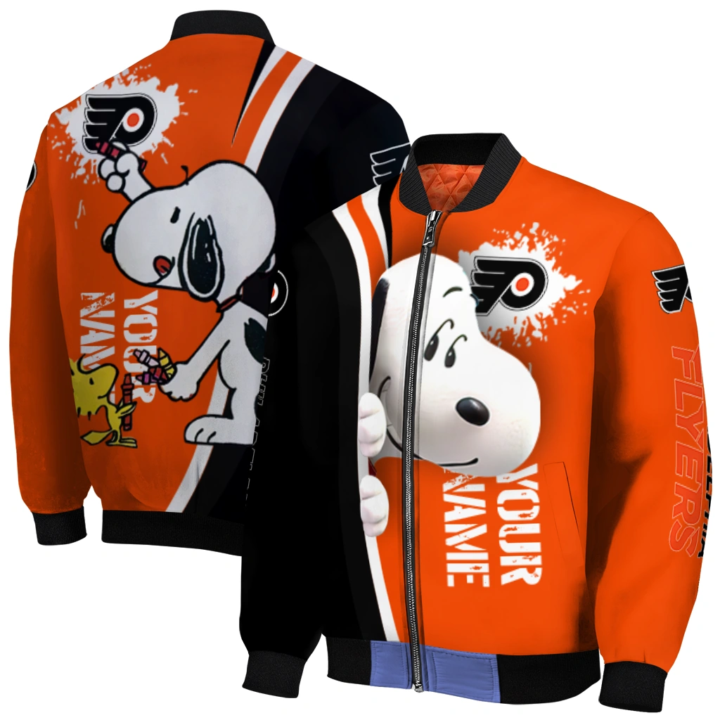 custom philadelphia flyers snoopy head orange bomber jacket best selling custom philadelphia flyers snoopy head orange bomber jacket best selling