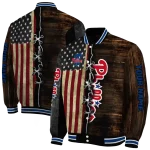 custom philadelphia phillies flag wood brown varsity jacket best selling
