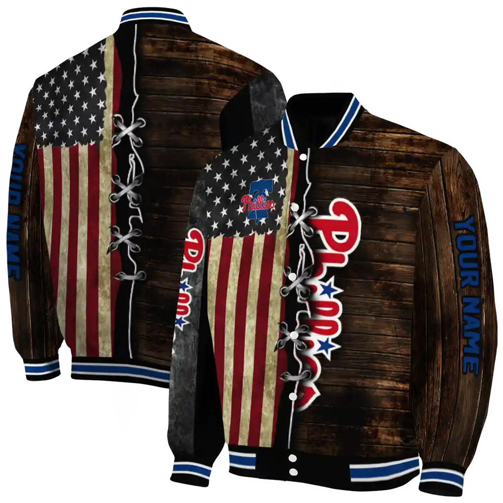 custom philadelphia phillies flag wood brown varsity jacket fashion forward custom philadelphia phillies flag wood brown varsity jacket fashion forward