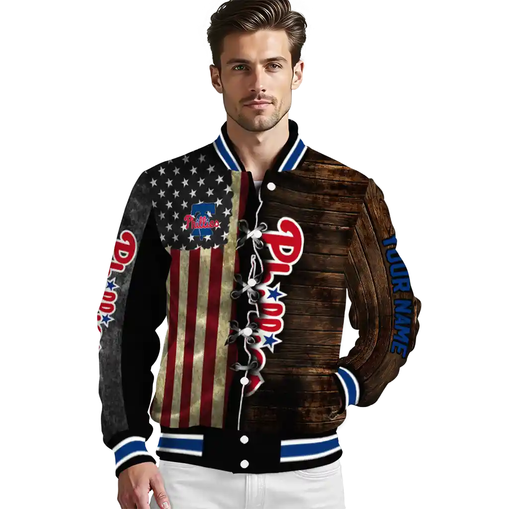 custom philadelphia phillies flag wood brown varsity jacket high quality custom philadelphia phillies flag wood brown varsity jacket high quality
