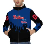 custom philadelphia phillies flame trim blue black windbreaker jacket best selling
