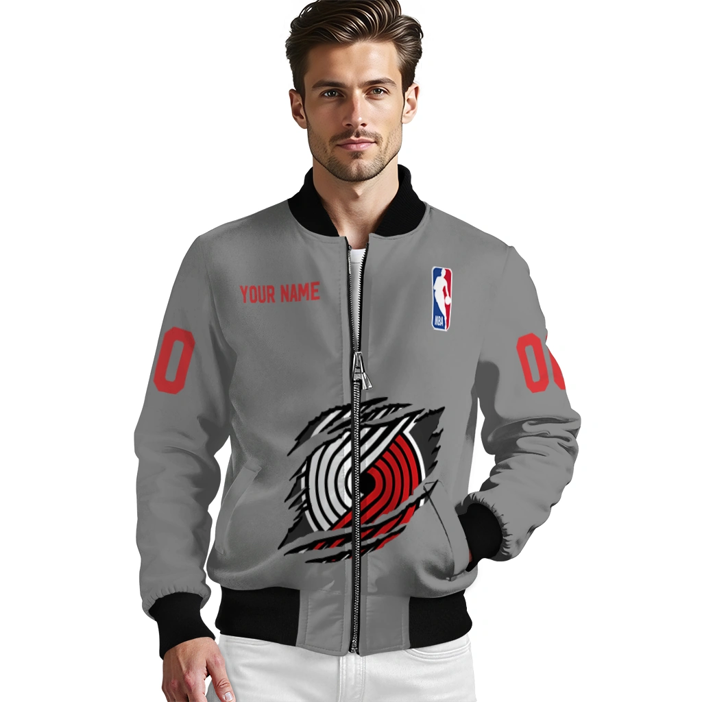 custom portland trail blazers claw accent grey bomber jacket high quality custom portland trail blazers claw accent grey bomber jacket high quality