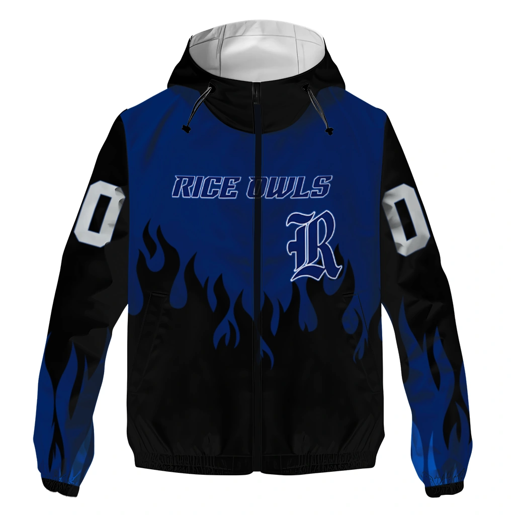 custom rice owls flame trim navy blue black windbreaker jacket best selling custom rice owls flame trim navy blue black windbreaker jacket best selling
