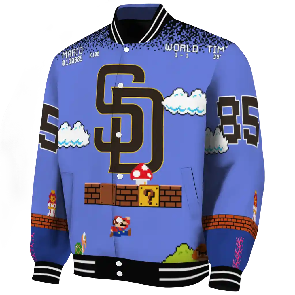 custom san diego padres mario blocks blue black varsity jacket best selling custom san diego padres mario blocks blue black varsity jacket best selling
