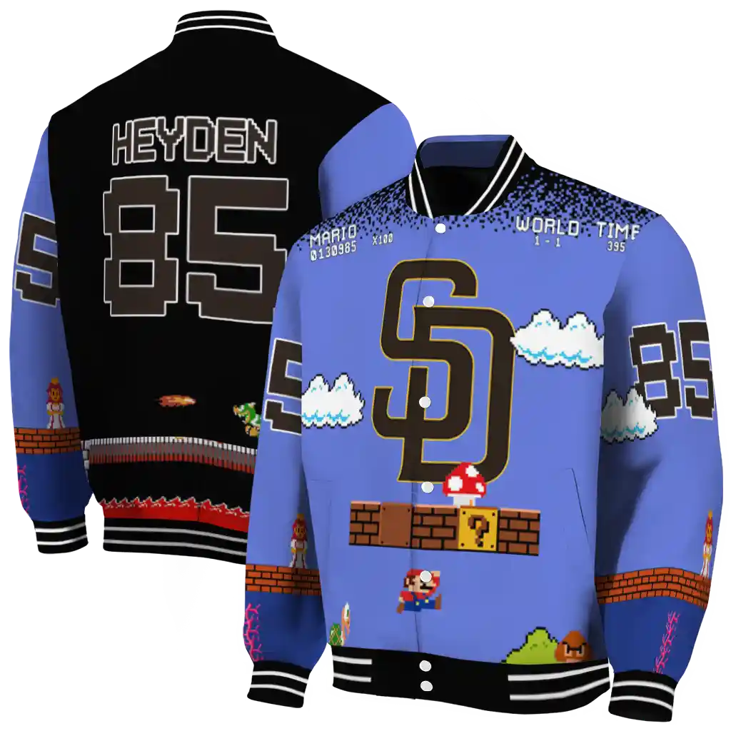 custom san diego padres mario blocks blue black varsity jacket fashion forward custom san diego padres mario blocks blue black varsity jacket fashion forward