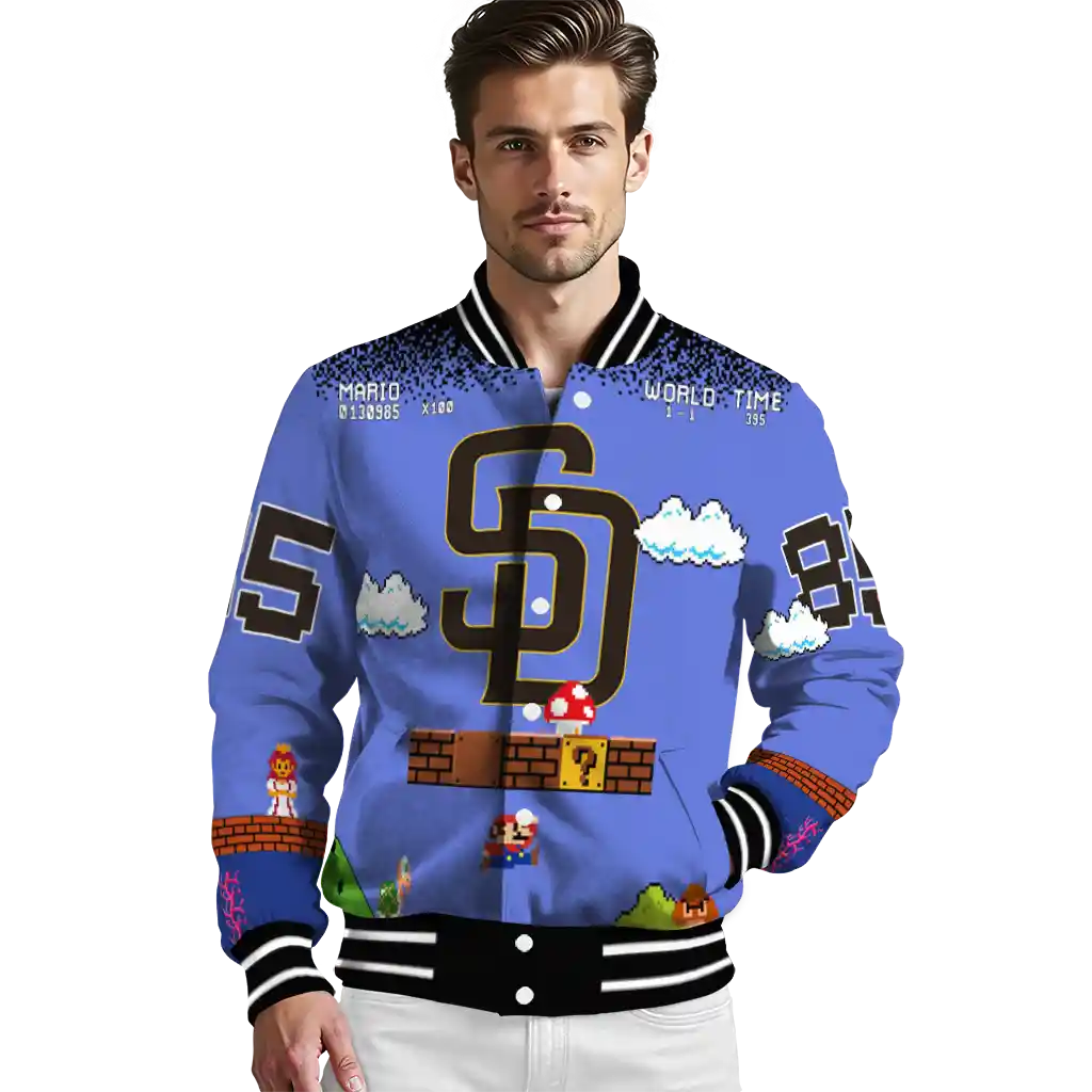 custom san diego padres mario blocks blue black varsity jacket high quality custom san diego padres mario blocks blue black varsity jacket high quality