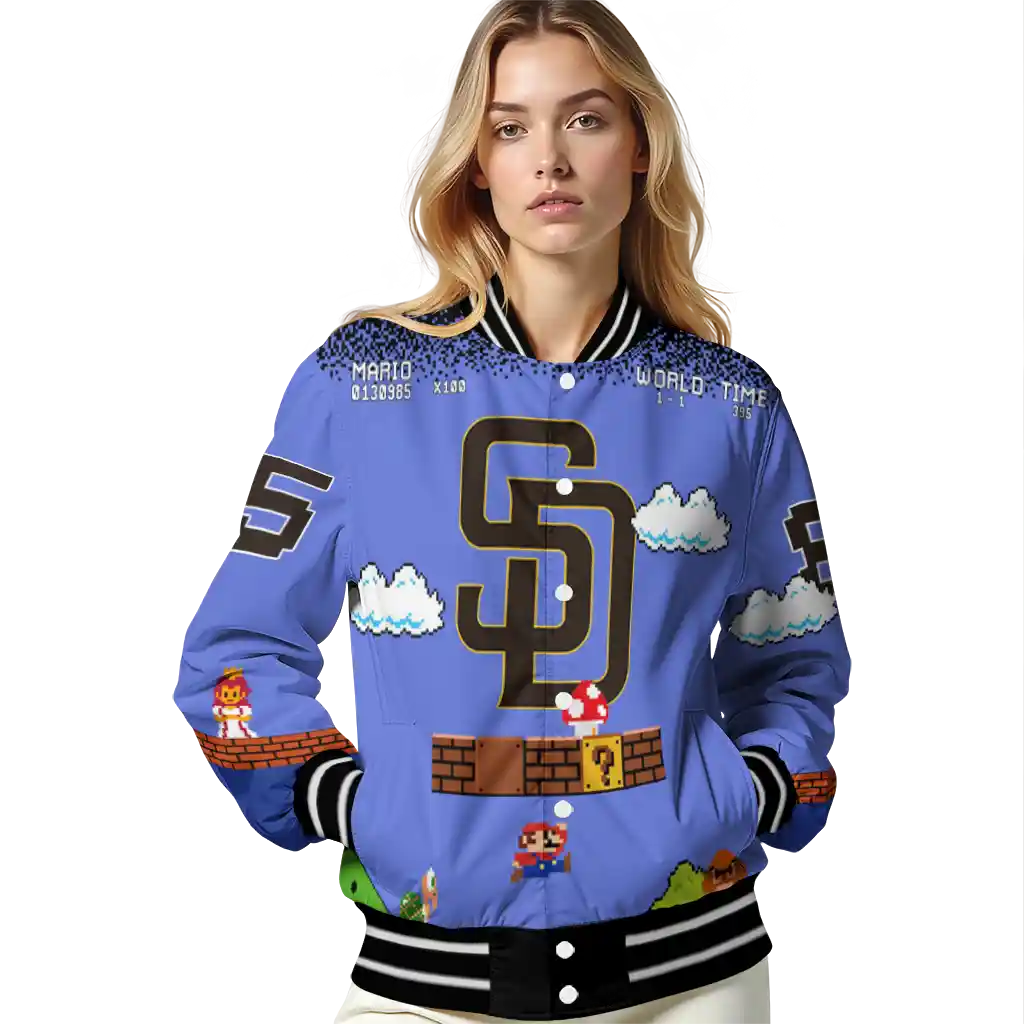 custom san diego padres mario blocks blue black varsity jacket latest model custom san diego padres mario blocks blue black varsity jacket latest model