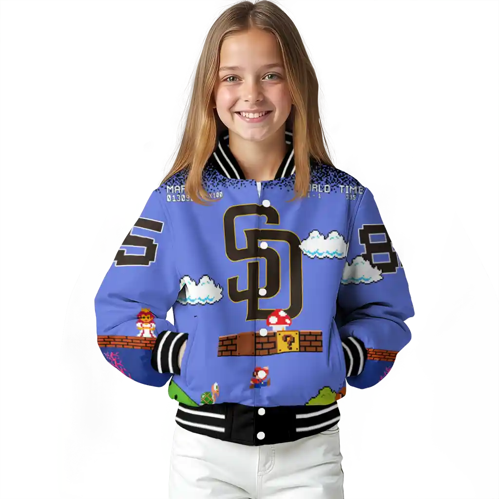 custom san diego padres mario blocks blue black varsity jacket top rated custom san diego padres mario blocks blue black varsity jacket top rated