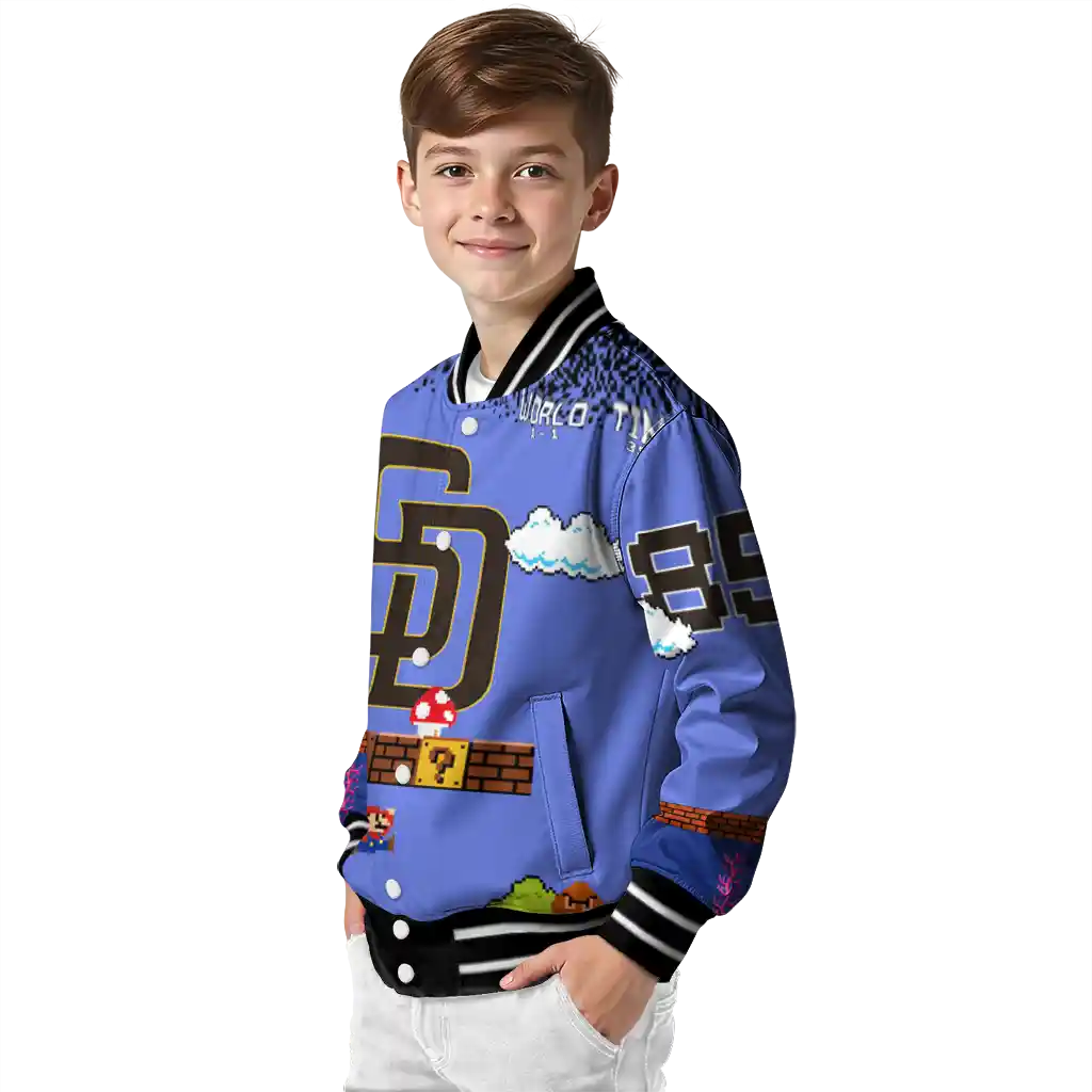 custom san diego padres mario blocks blue black varsity jacket trendy custom san diego padres mario blocks blue black varsity jacket trendy