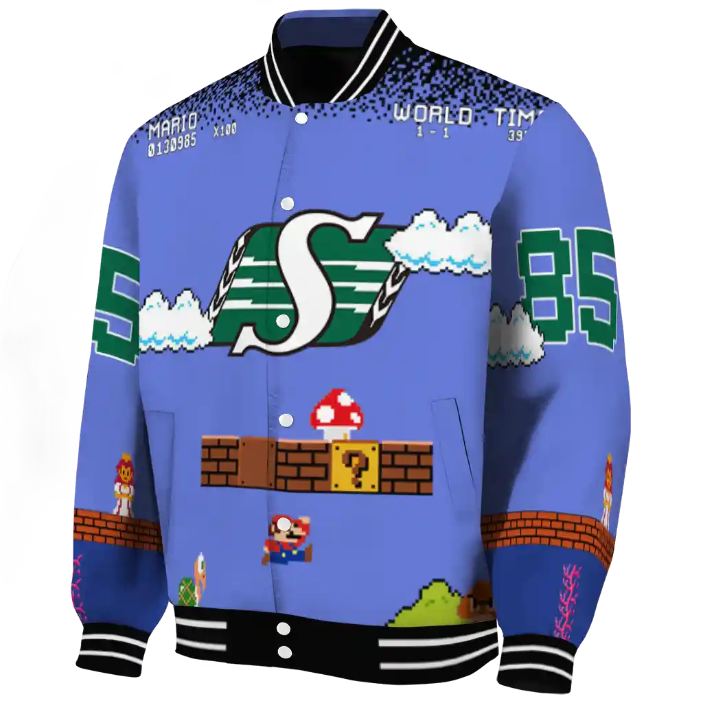 custom saskatchewan roughriders mario blocks blue black varsity jacket best selling custom saskatchewan roughriders mario blocks blue black varsity jacket best selling