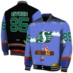 custom saskatchewan roughriders mario blocks blue black varsity jacket best selling