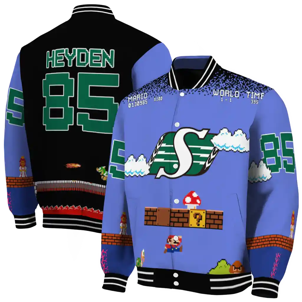 custom saskatchewan roughriders mario blocks blue black varsity jacket fashion forward custom saskatchewan roughriders mario blocks blue black varsity jacket fashion forward