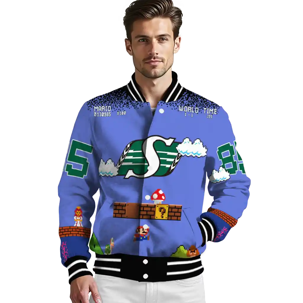 custom saskatchewan roughriders mario blocks blue black varsity jacket high quality custom saskatchewan roughriders mario blocks blue black varsity jacket high quality