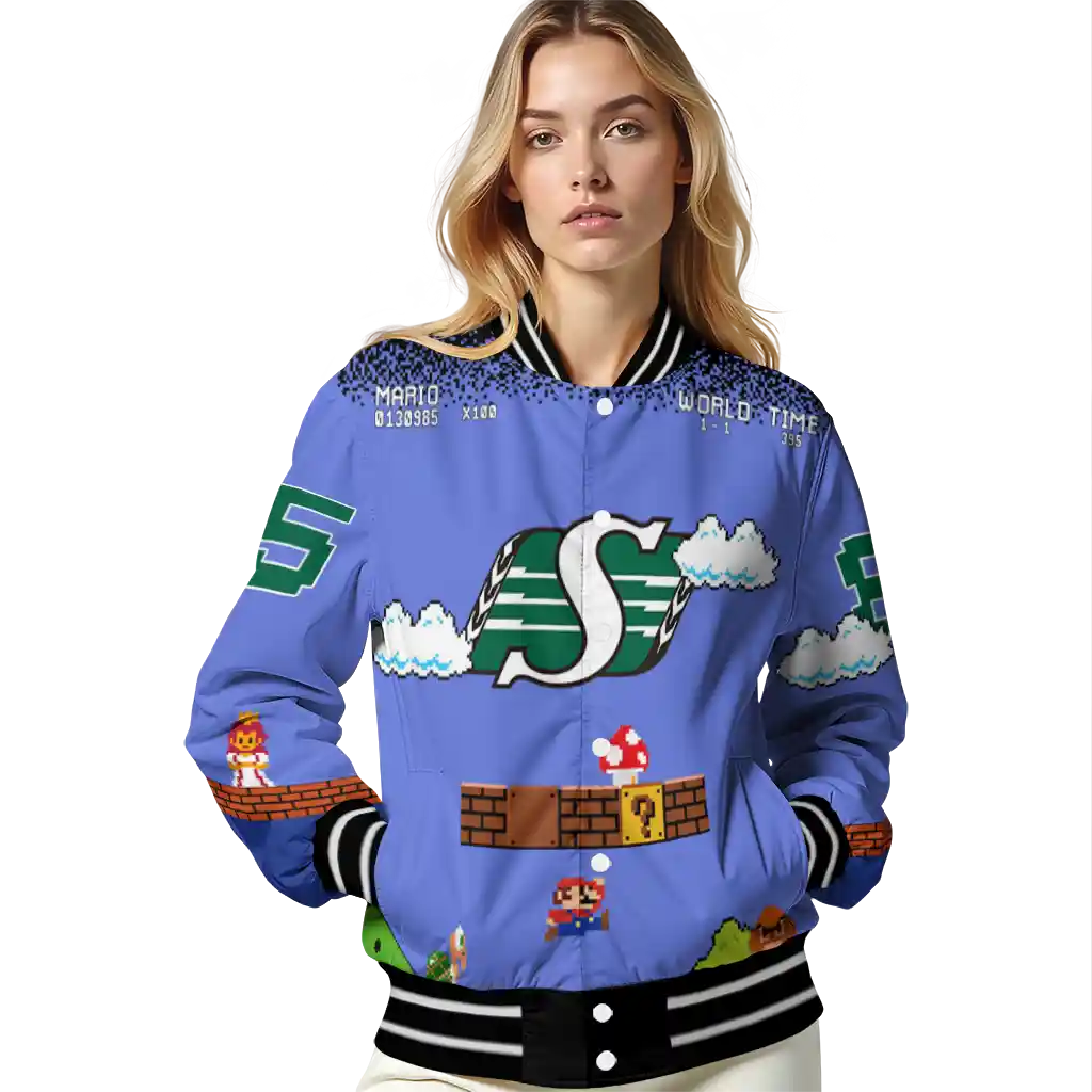 custom saskatchewan roughriders mario blocks blue black varsity jacket latest model custom saskatchewan roughriders mario blocks blue black varsity jacket latest model