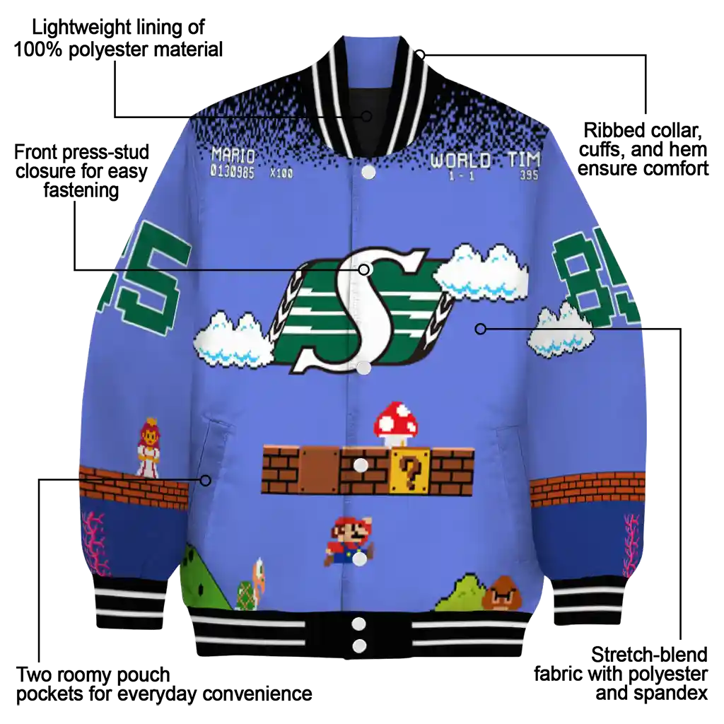custom saskatchewan roughriders mario blocks blue black varsity jacket new arrival custom saskatchewan roughriders mario blocks blue black varsity jacket new arrival