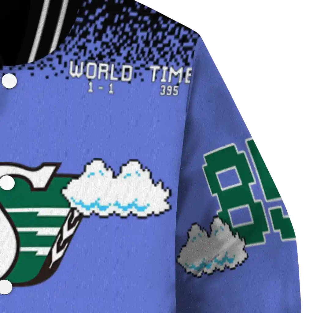 custom saskatchewan roughriders mario blocks blue black varsity jacket premium grade custom saskatchewan roughriders mario blocks blue black varsity jacket premium grade