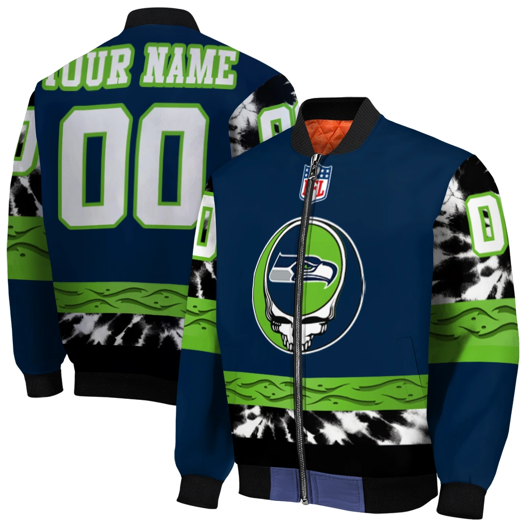custom seattle seahawks skull center blue black bomber jacket best selling custom seattle seahawks skull center blue black bomber jacket best selling