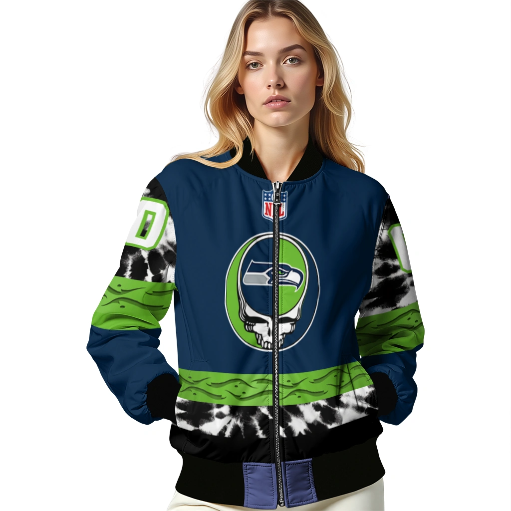 custom seattle seahawks skull center blue black bomber jacket latest model custom seattle seahawks skull center blue black bomber jacket latest model