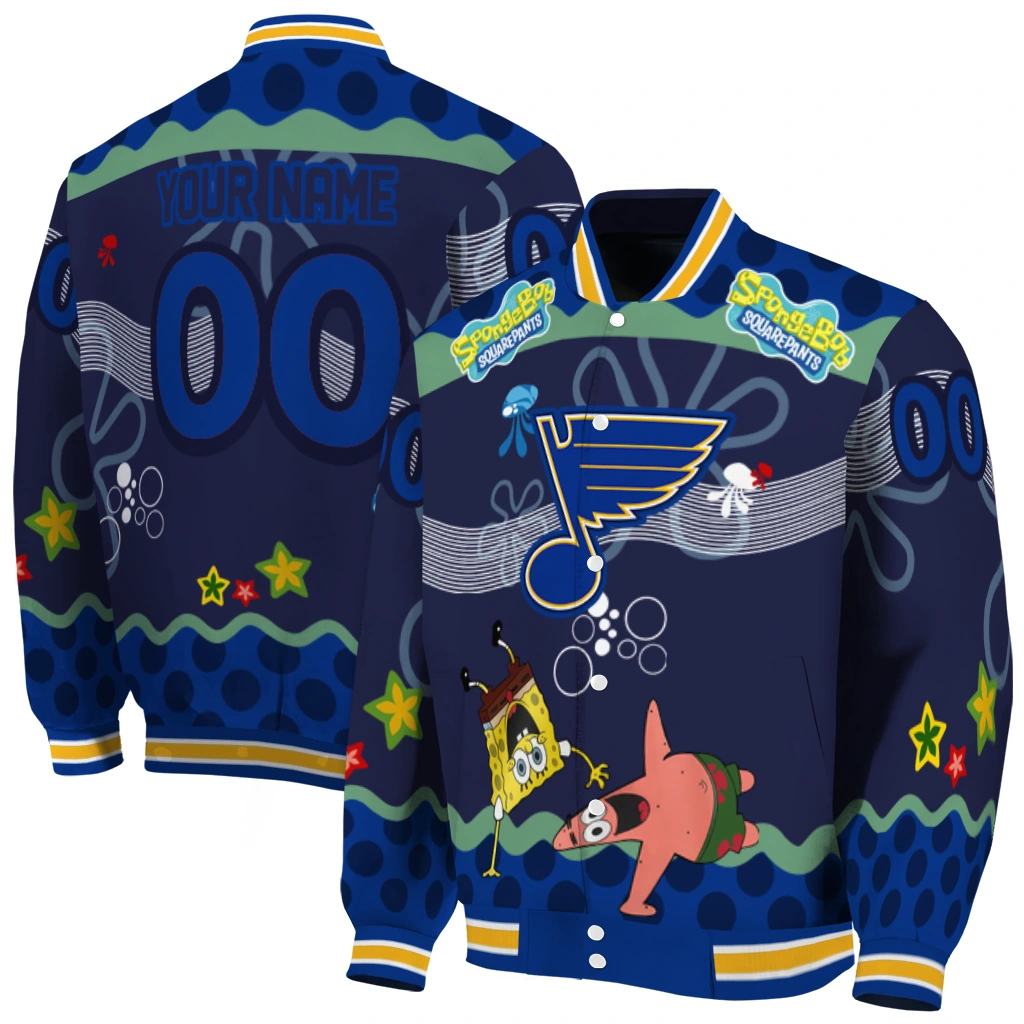 custom st louis blues spongebob playtime blue varsity jacket fashion forward custom st louis blues spongebob playtime blue varsity jacket fashion forward