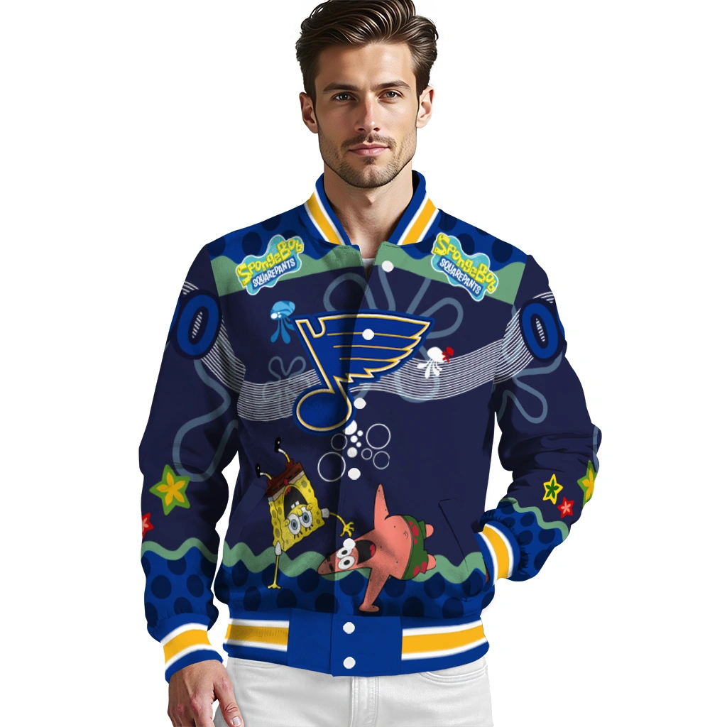 custom st louis blues spongebob playtime blue varsity jacket high quality custom st louis blues spongebob playtime blue varsity jacket high quality