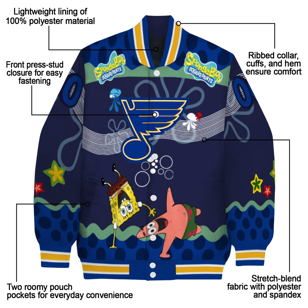 custom st louis blues spongebob playtime blue varsity jacket new arrival custom st louis blues spongebob playtime blue varsity jacket new arrival