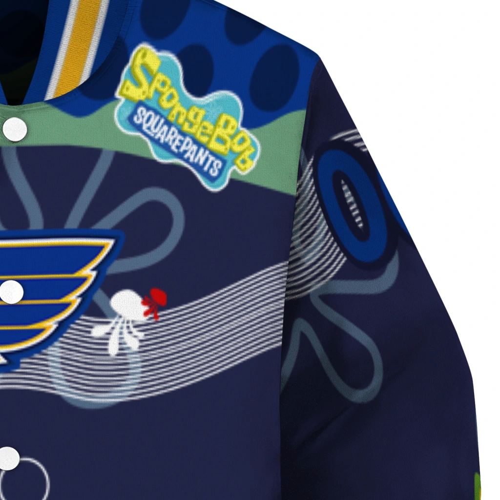 custom st louis blues spongebob playtime blue varsity jacket premium grade custom st louis blues spongebob playtime blue varsity jacket premium grade