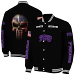 custom tcu horned frogs american flag skull black varsity jacket best selling