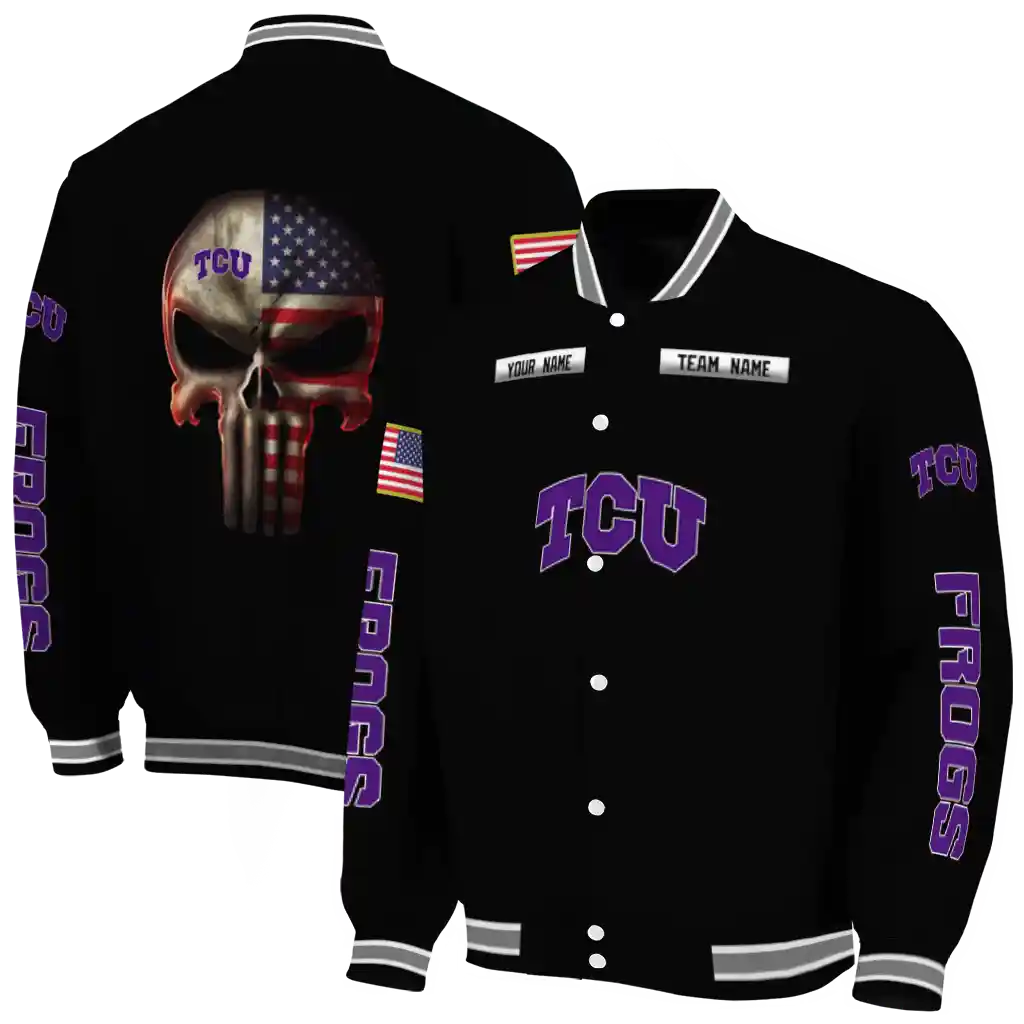 custom tcu horned frogs american flag skull black varsity jacket fashion forward custom tcu horned frogs american flag skull black varsity jacket fashion forward