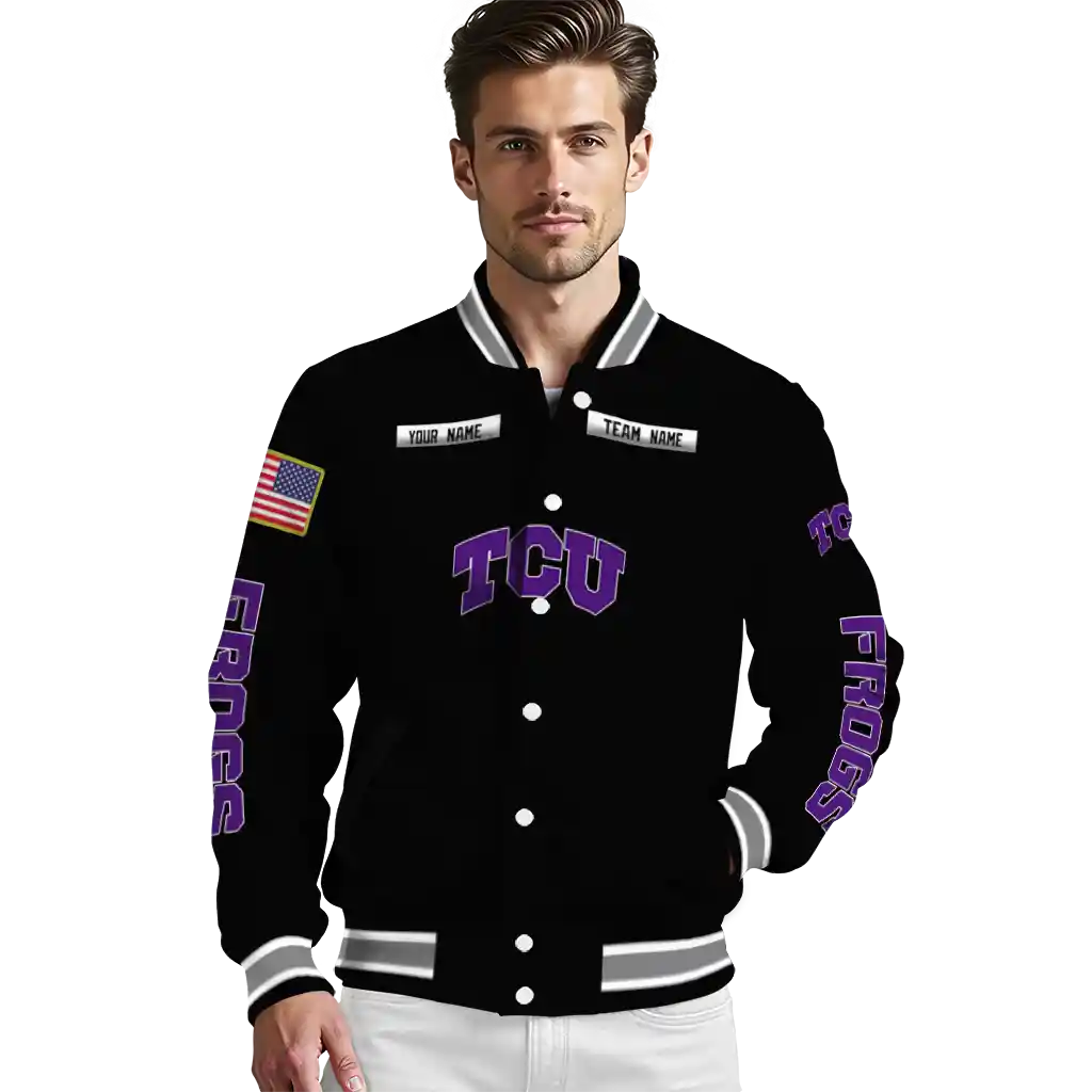 custom tcu horned frogs american flag skull black varsity jacket high quality custom tcu horned frogs american flag skull black varsity jacket high quality