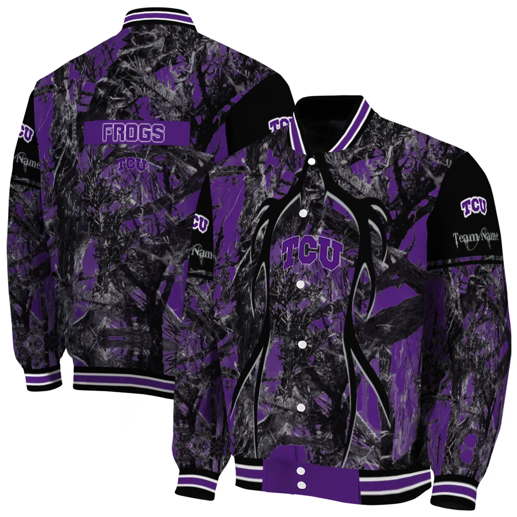 custom tcu horned frogs antlers motif purple black varsity jacket fashion forward custom tcu horned frogs antlers motif purple black varsity jacket fashion forward