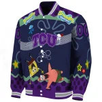 custom tcu horned frogs spongebob playtime purple blue varsity jacket best selling