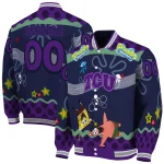 custom tcu horned frogs spongebob playtime purple blue varsity jacket best selling