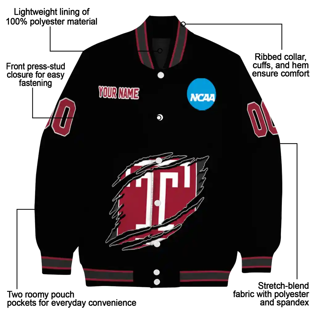 custom temple owls claw shred black varsity jacket new arrival custom temple owls claw shred black varsity jacket new arrival