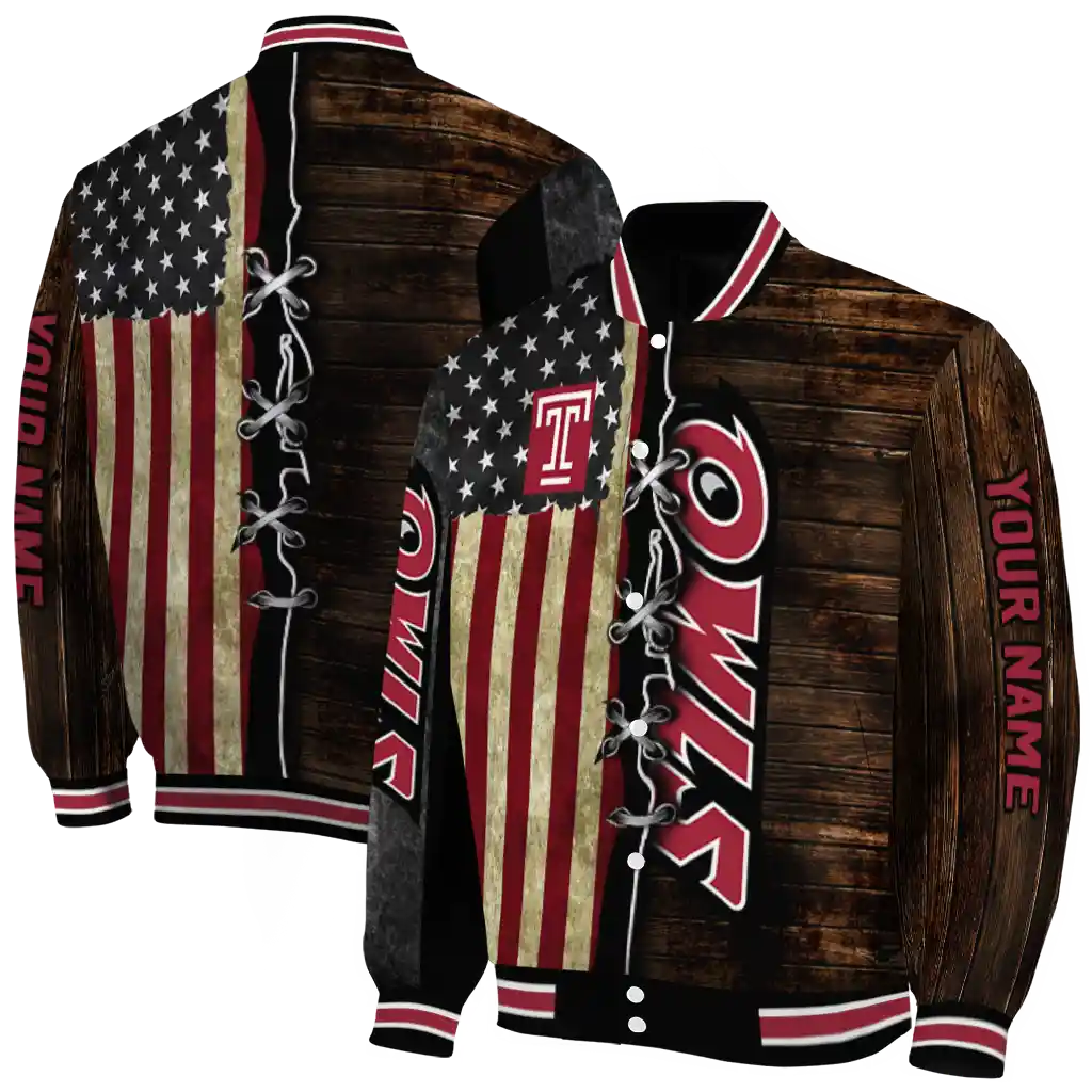 custom temple owls flag wood brown varsity jacket fashion forward custom temple owls flag wood brown varsity jacket fashion forward