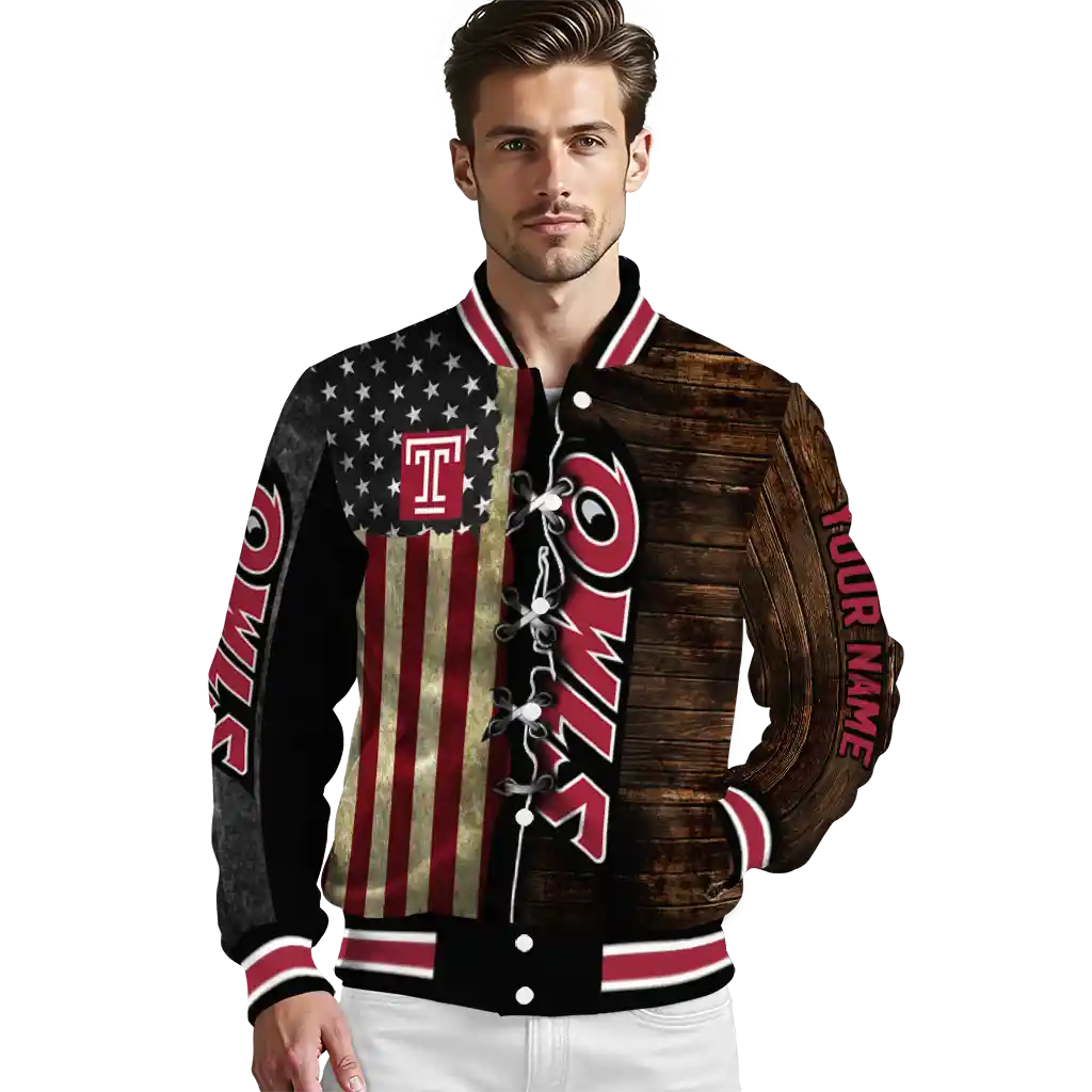 custom temple owls flag wood brown varsity jacket high quality custom temple owls flag wood brown varsity jacket high quality