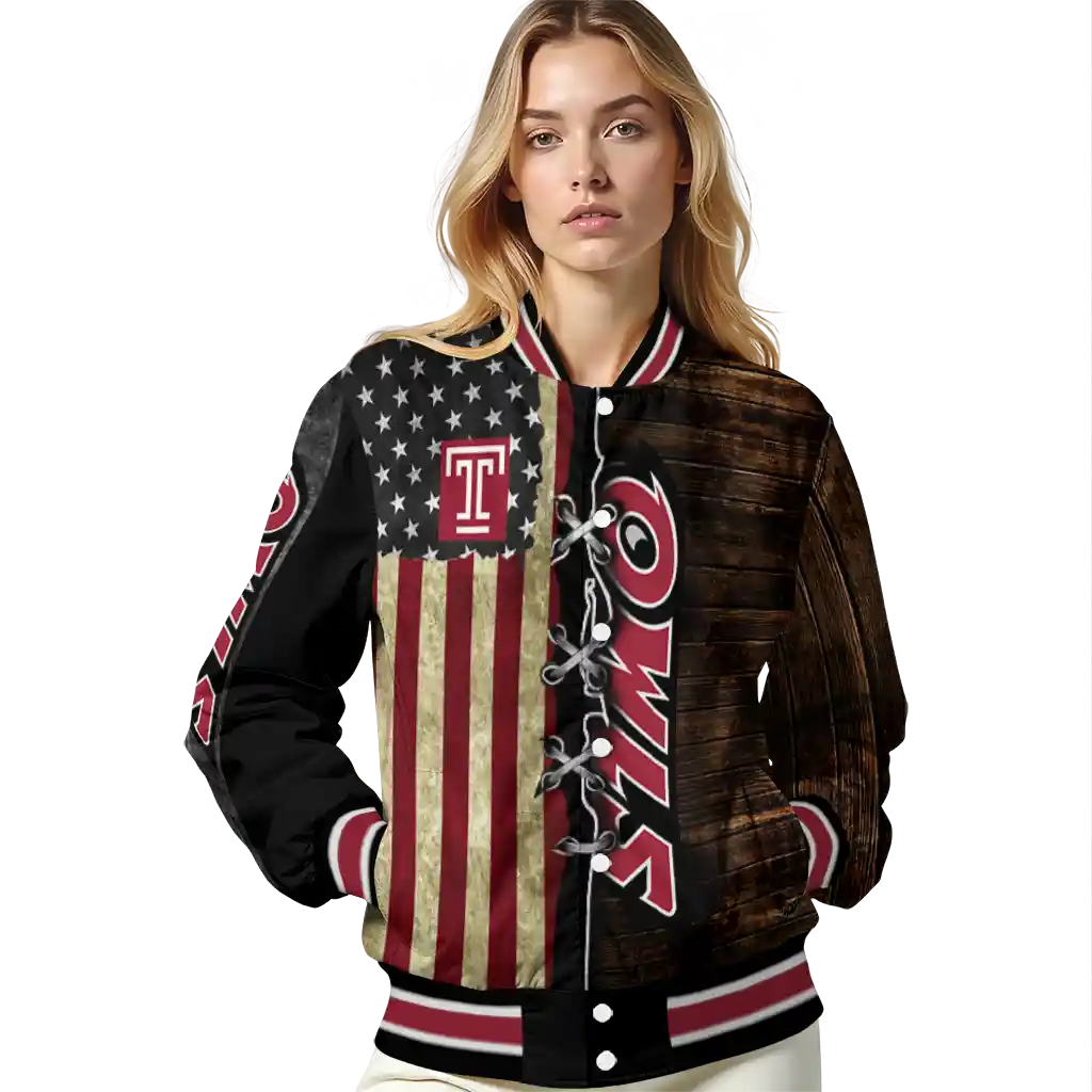 custom temple owls flag wood brown varsity jacket latest model custom temple owls flag wood brown varsity jacket latest model