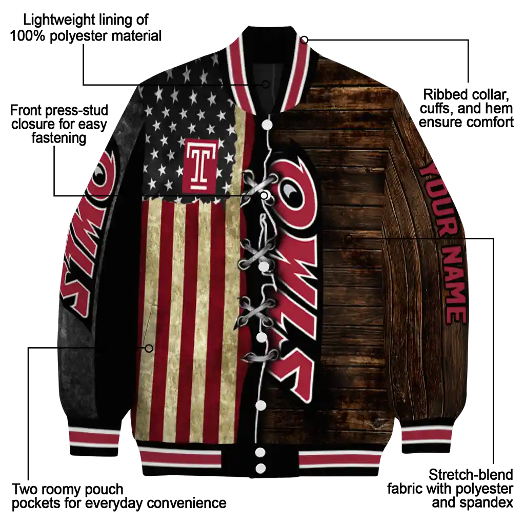 custom temple owls flag wood brown varsity jacket new arrival custom temple owls flag wood brown varsity jacket new arrival