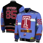 custom temple owls mario blocks blue black varsity jacket best selling
