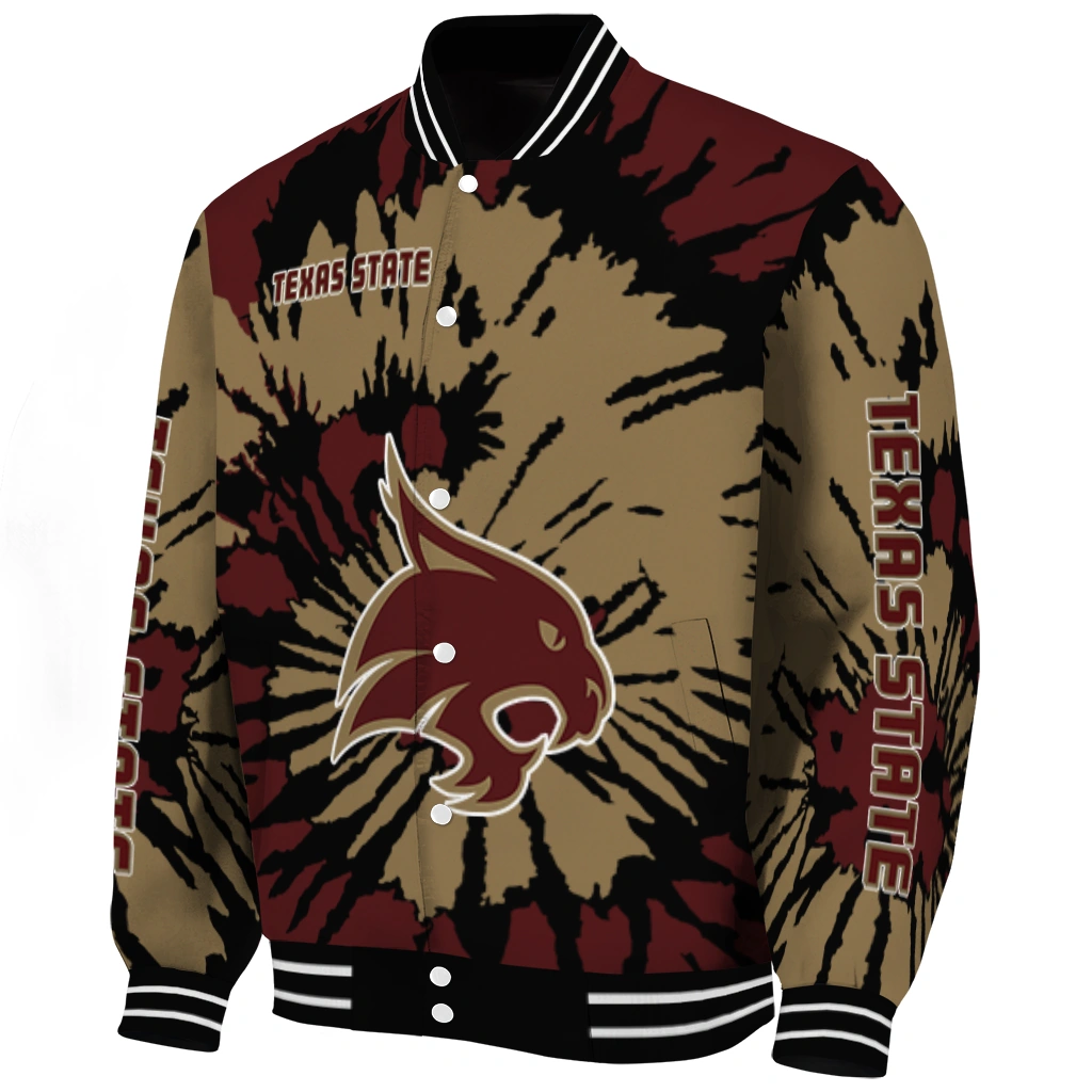 custom texas state bobcats burst splatter maroon varsity jacket best selling custom texas state bobcats burst splatter maroon varsity jacket best selling