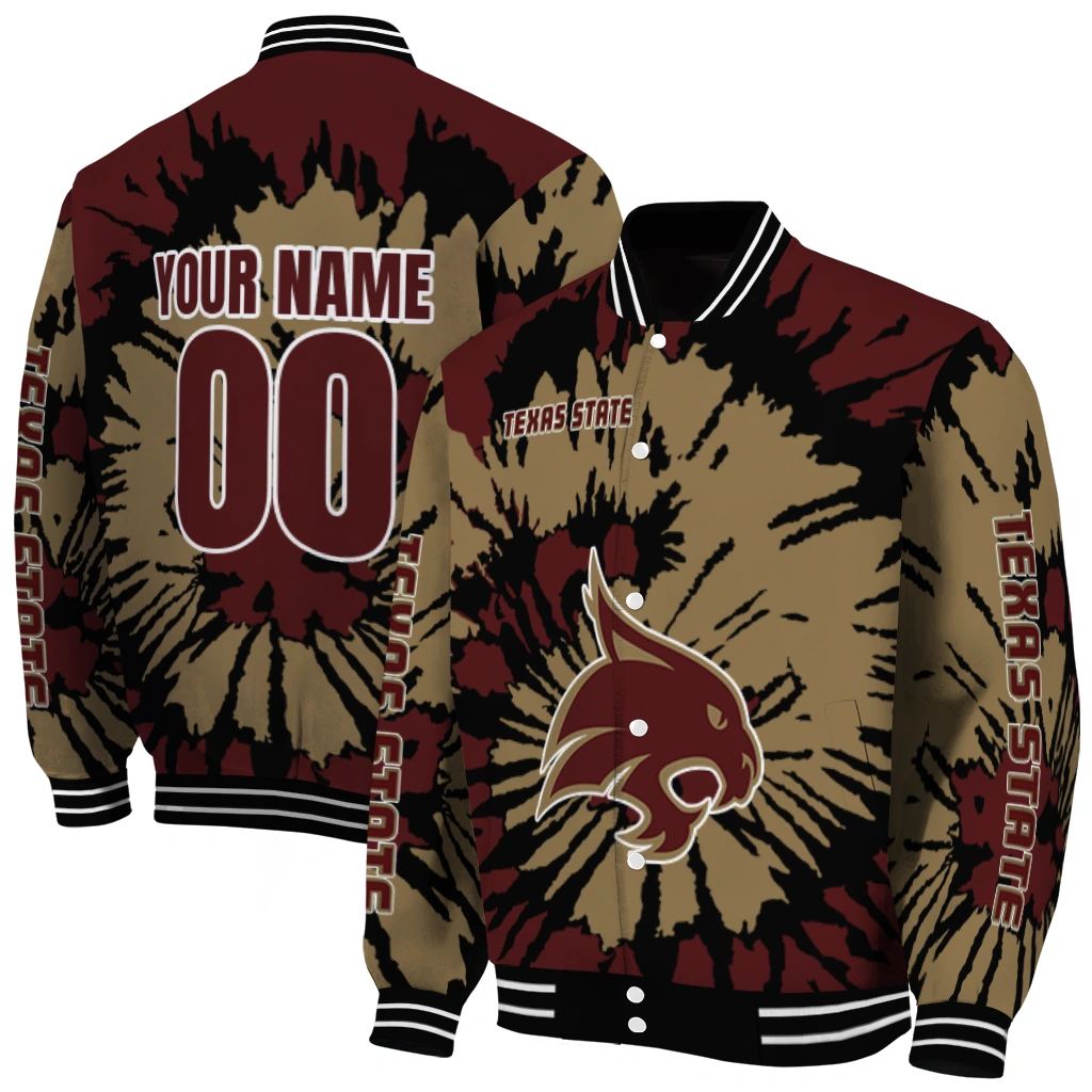 custom texas state bobcats burst splatter maroon varsity jacket fashion forward custom texas state bobcats burst splatter maroon varsity jacket fashion forward
